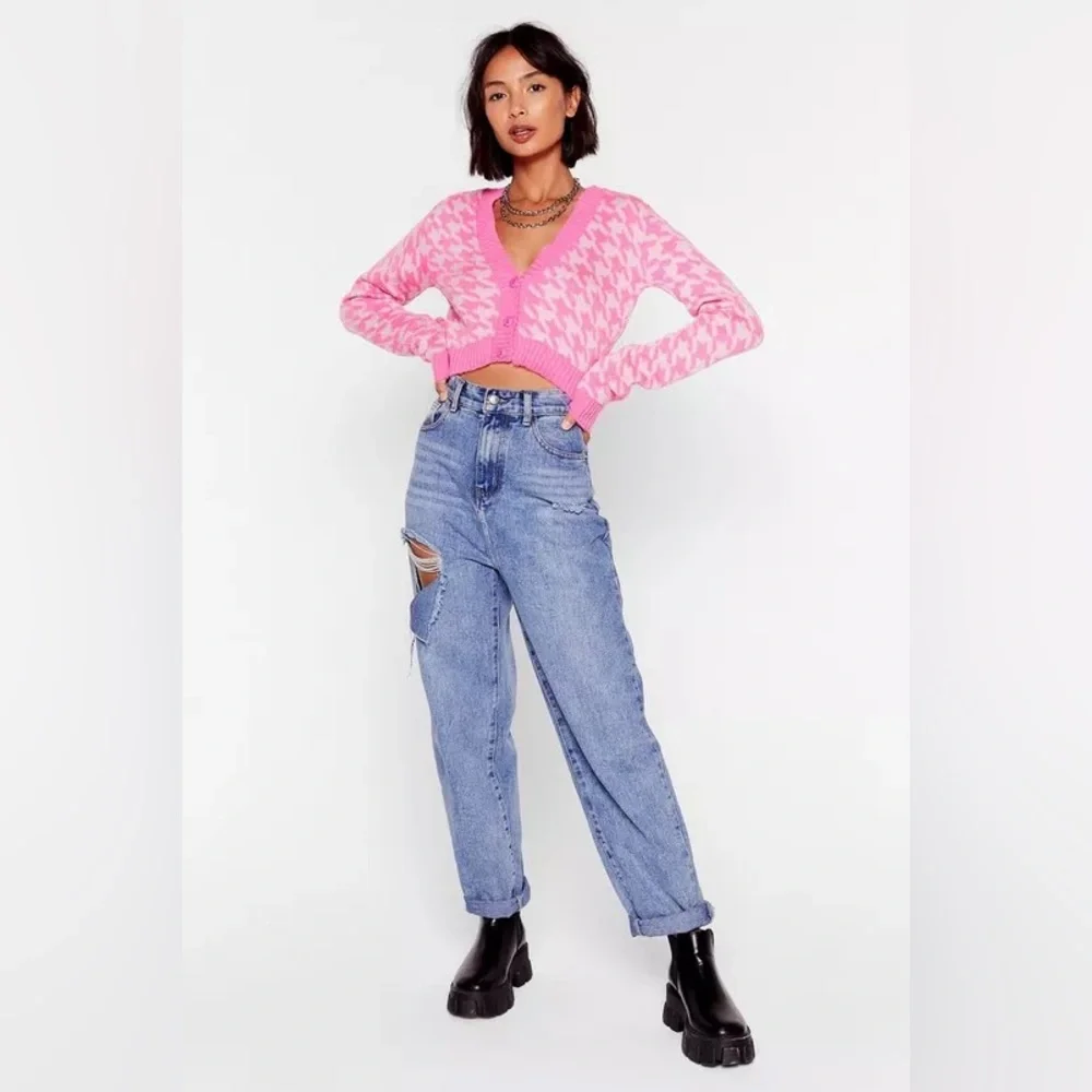 NastyGal Got Knit Right Barbiecore Pink & White Houndstooth Cropped Cardigan - S - Picture 4 of 17